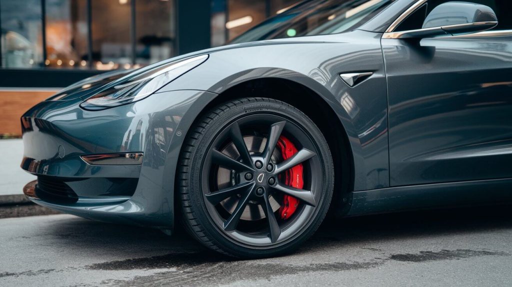 A photo of a Tesla Model 3 with its front brake pads replaced