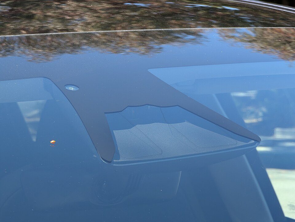 Tesla forward camera array seen through the upper windshield