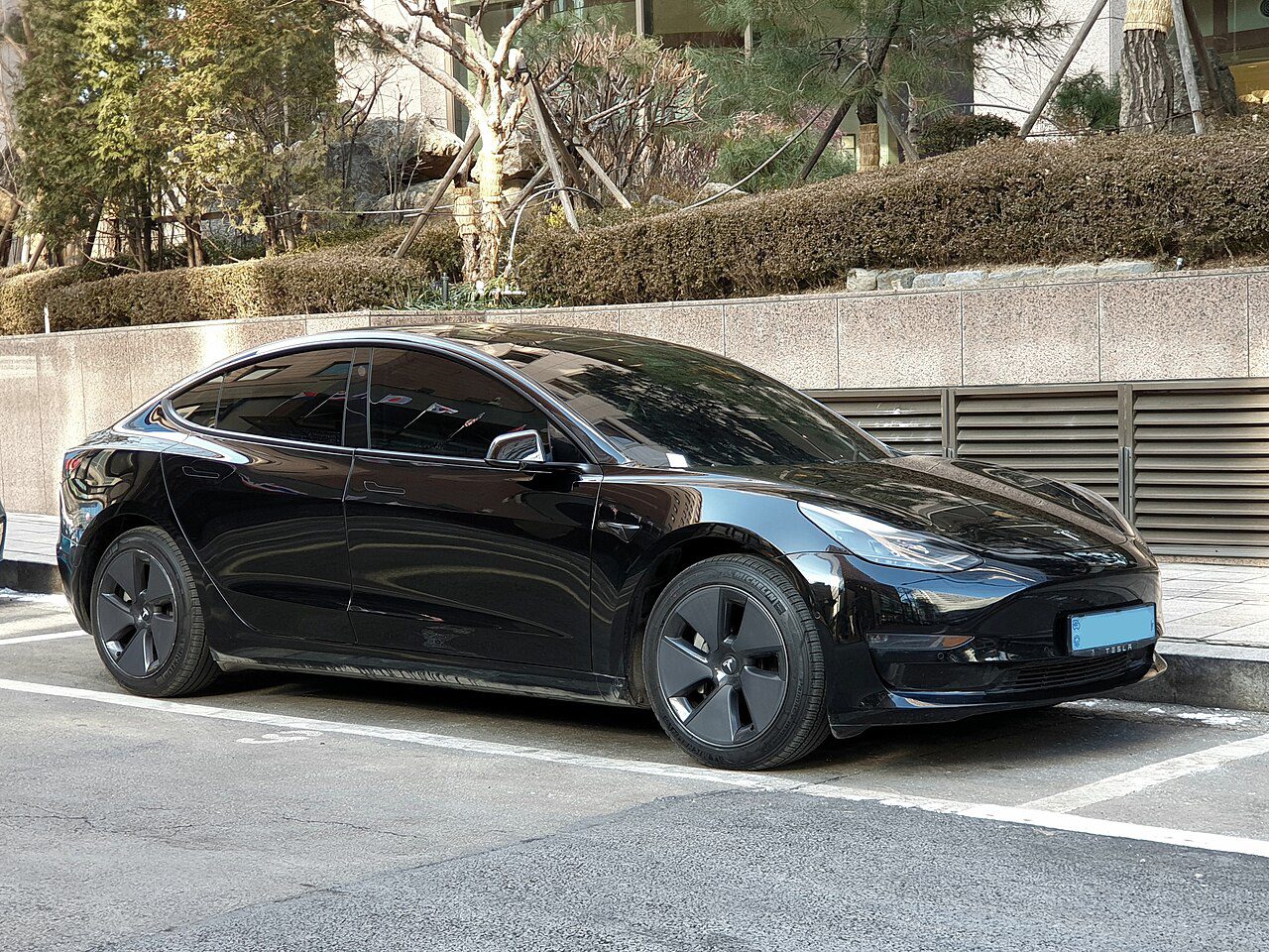 Black Tesla Model 3 with the lower side body visible