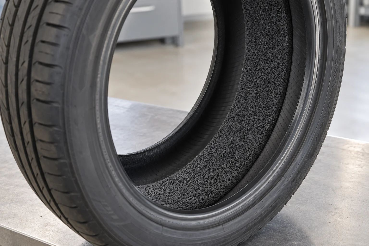Acoustic foam lining the inner tread of an unmounted tyre