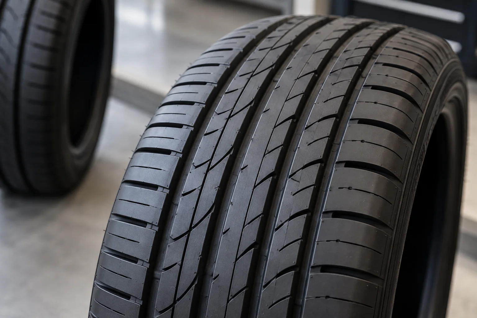 Close-up of road tyre tread grooves and shoulder