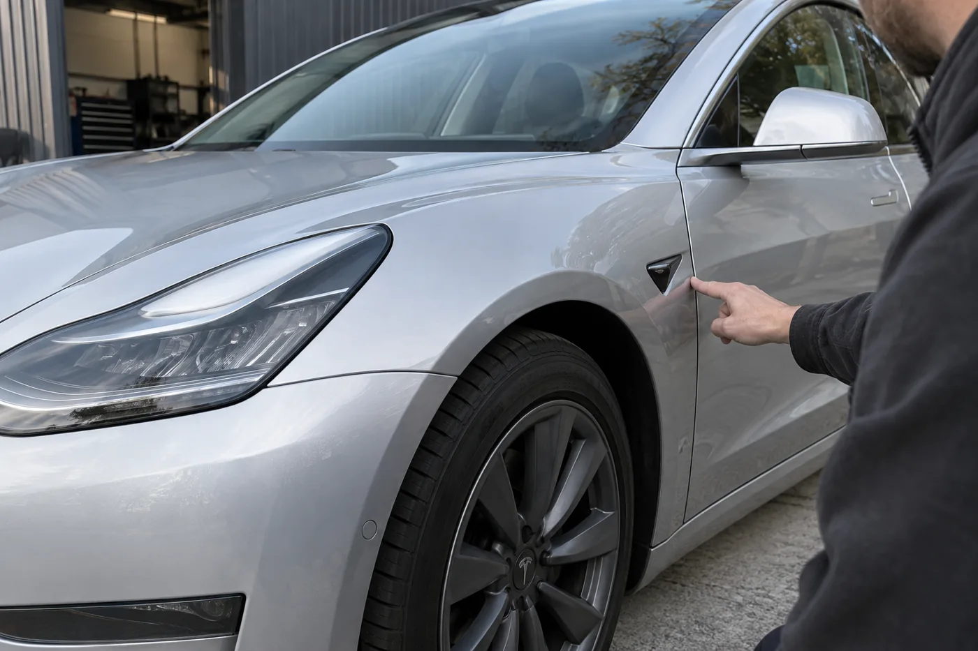 Checking the panel gap between a silver Tesla door and front fender