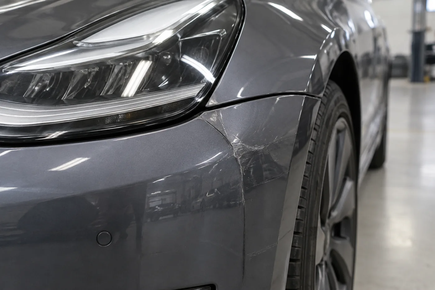 Scraped grey Tesla bumper corner beside a slightly uneven panel gap
