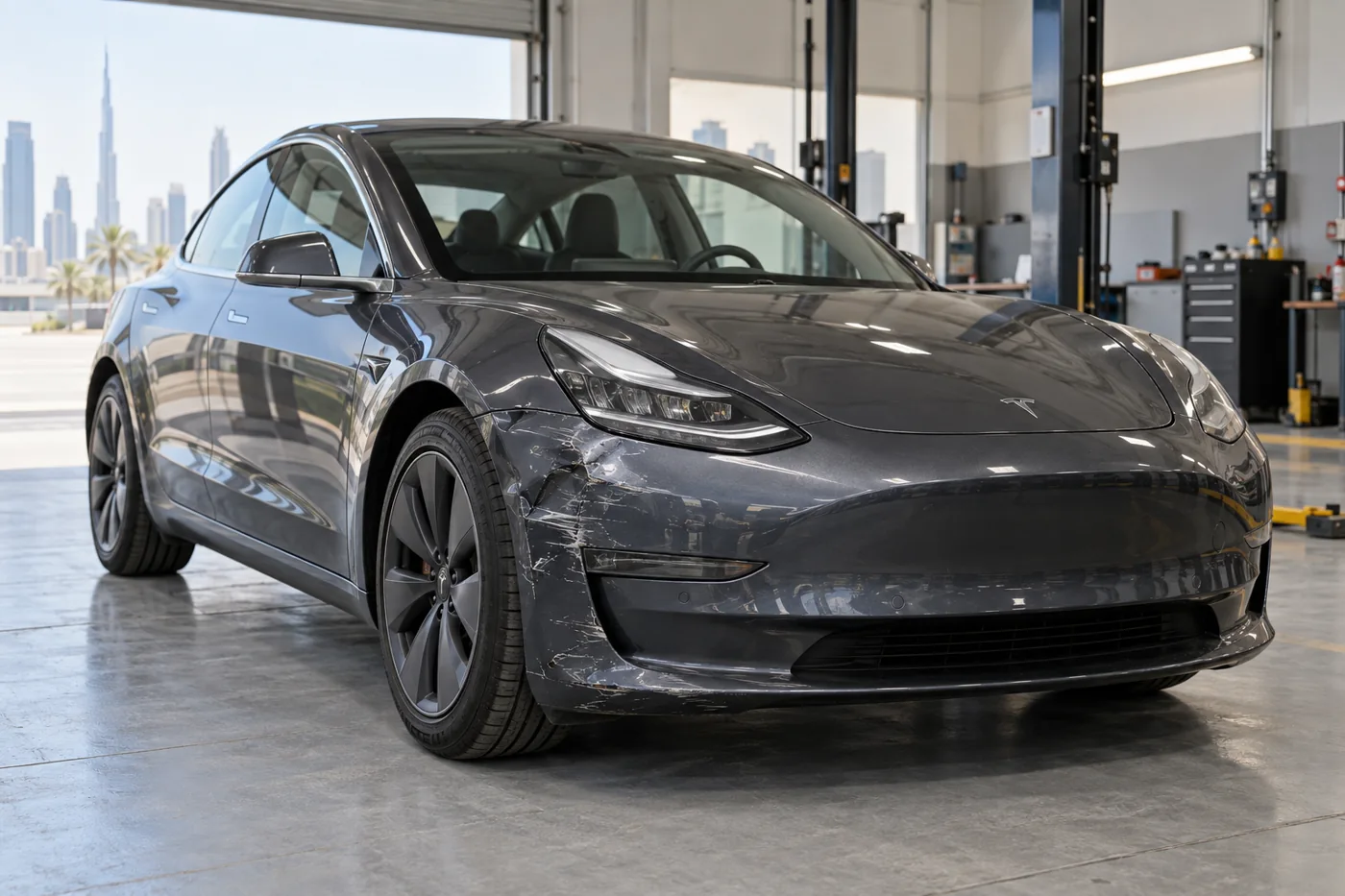 Grey Tesla with a scraped front bumper corner and adjoining fender