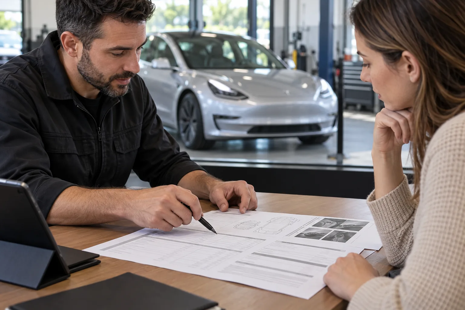 Two people discussing a written vehicle assessment at a workshop desk