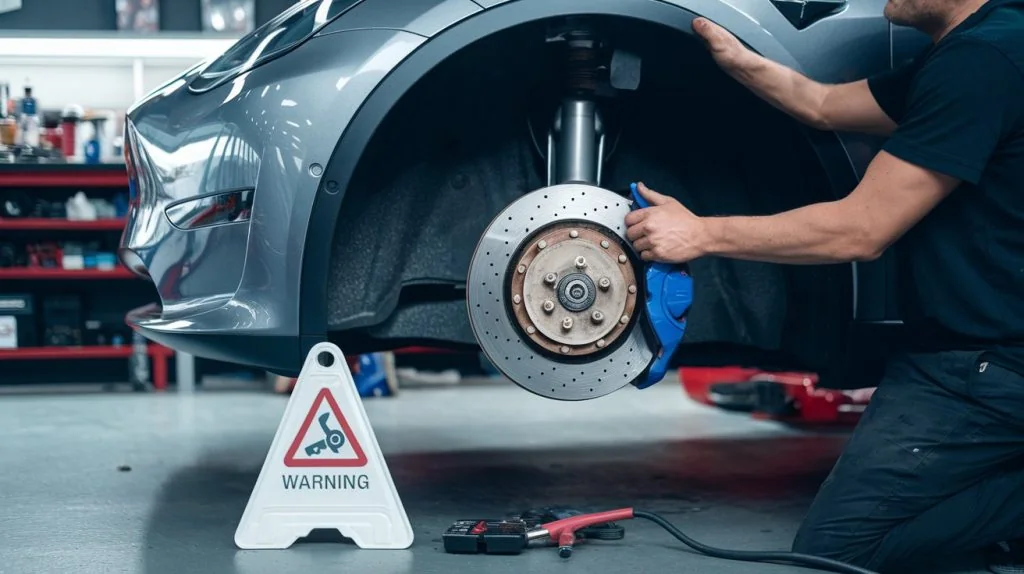 Brake disc and caliper being inspected with the front wheel removed