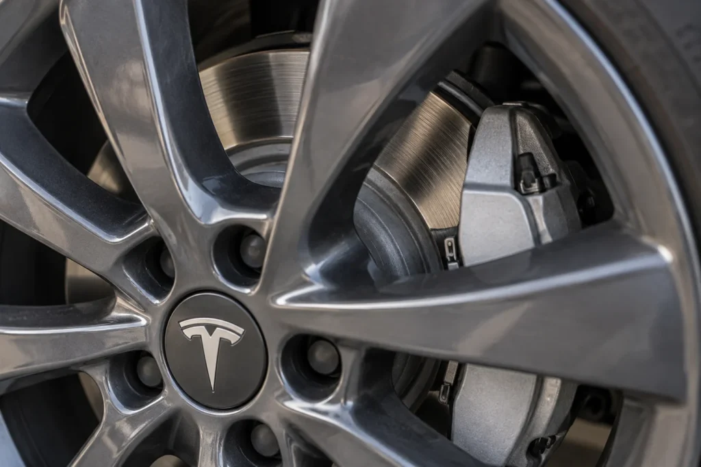 Brake disc and caliper visible through a Tesla alloy wheel