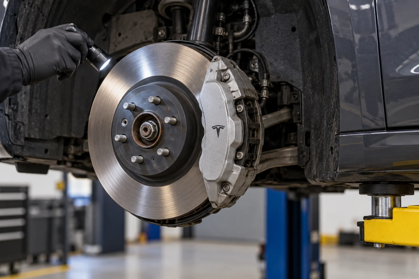 Gloved hand holding a torch beside an exposed Tesla brake disc and caliper