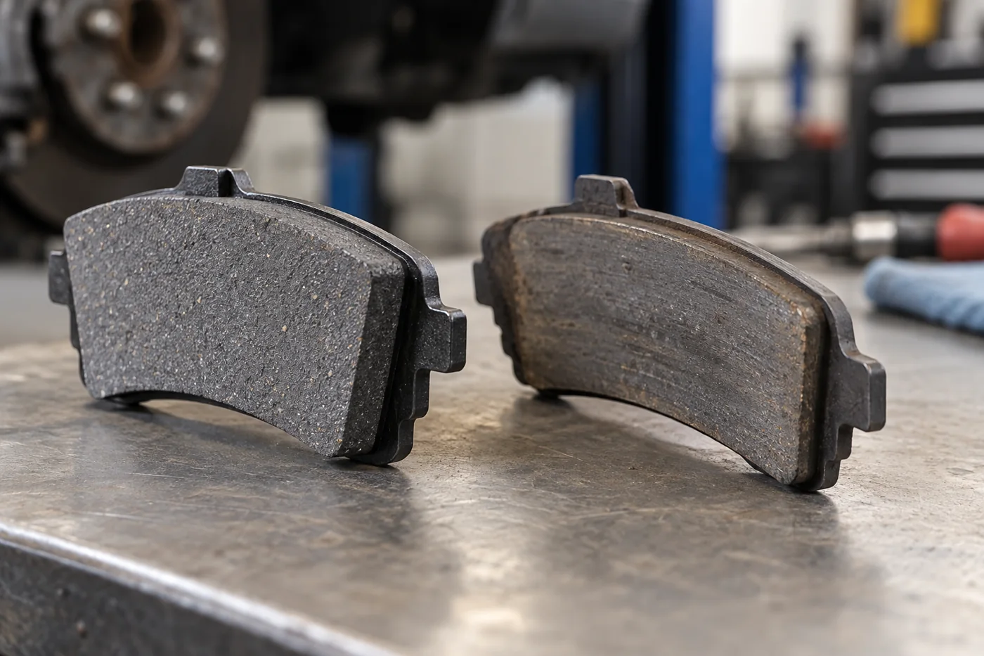 New and worn brake-pad friction surfaces shown side by side