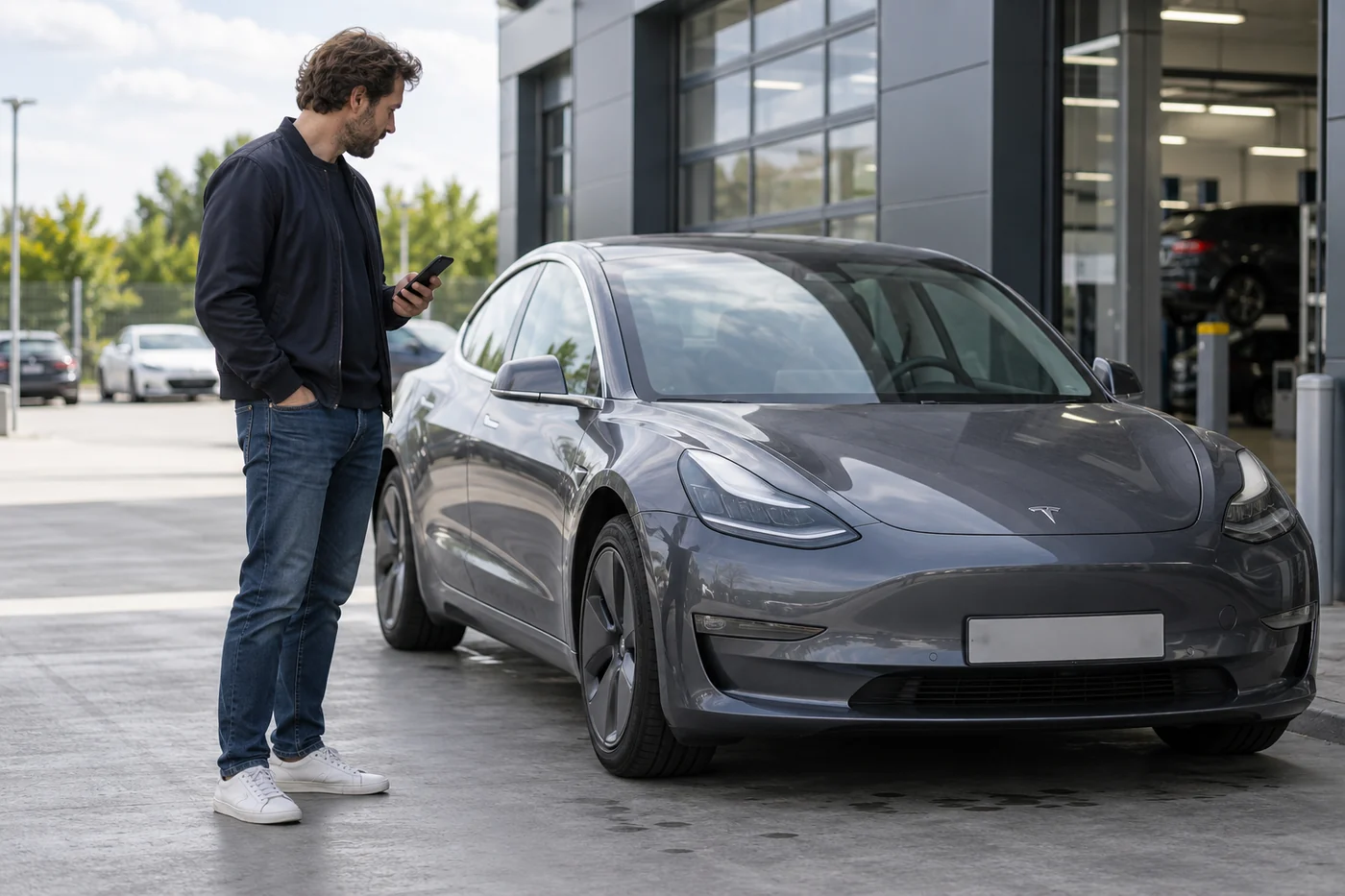 Owner checking a phone beside a parked Tesla