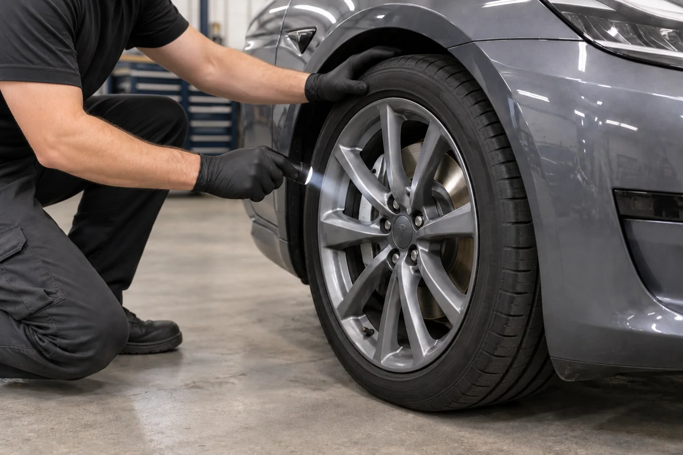 A technician looking through the front wheel at a Tesla brake assembly