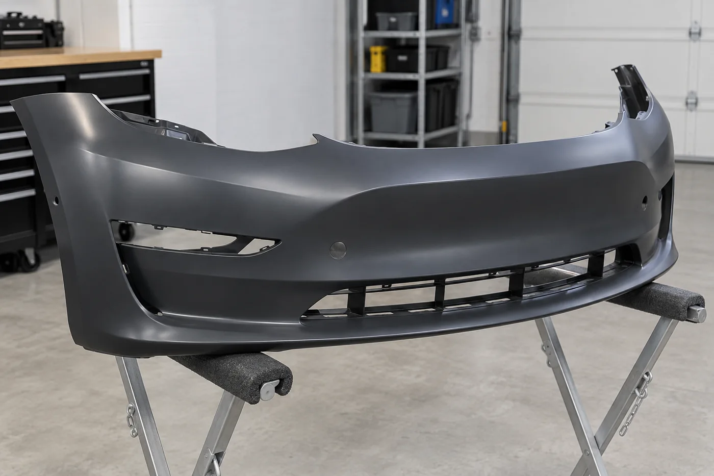 Unpainted plastic front bumper cover resting on padded stands