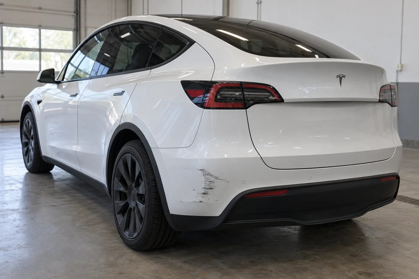 Scuff on the rear bumper corner of a white Tesla