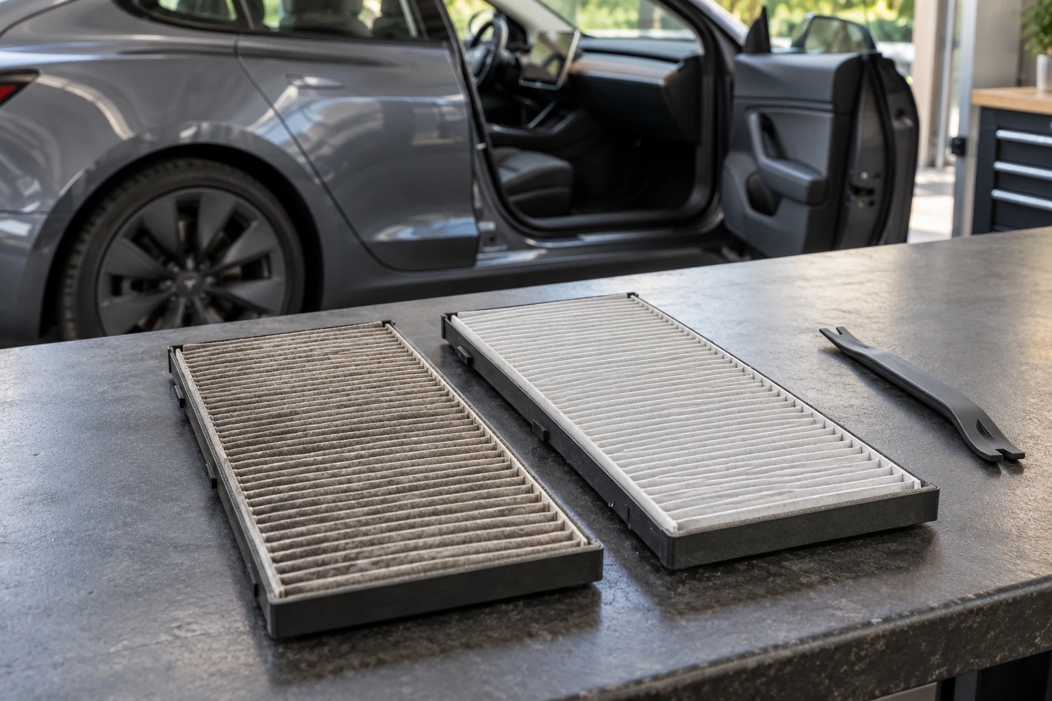 Dusty cabin air filter beside a clean replacement on a workbench