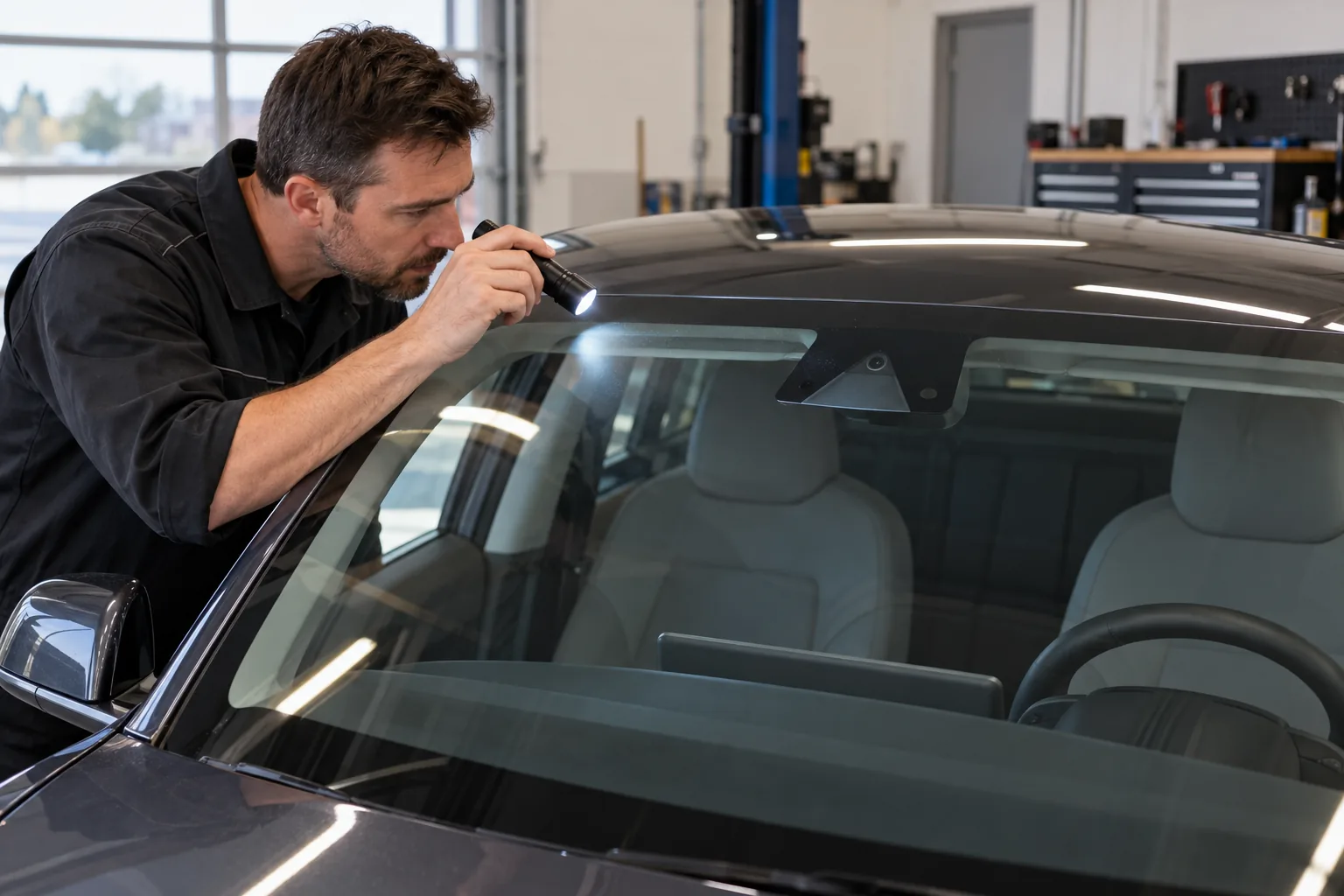 Technician examining the camera area through a Tesla windshield with a flashlight