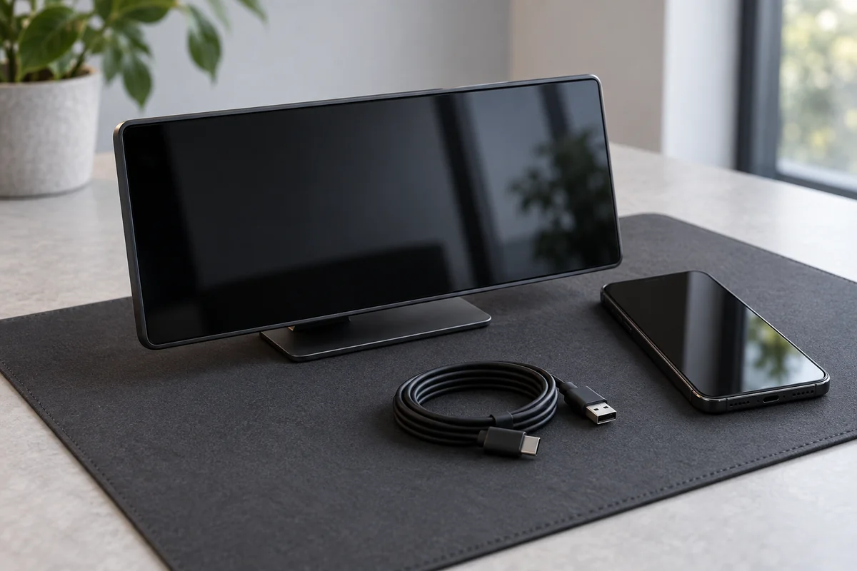 Representative aftermarket display, smartphone and USB cable before compatibility checks