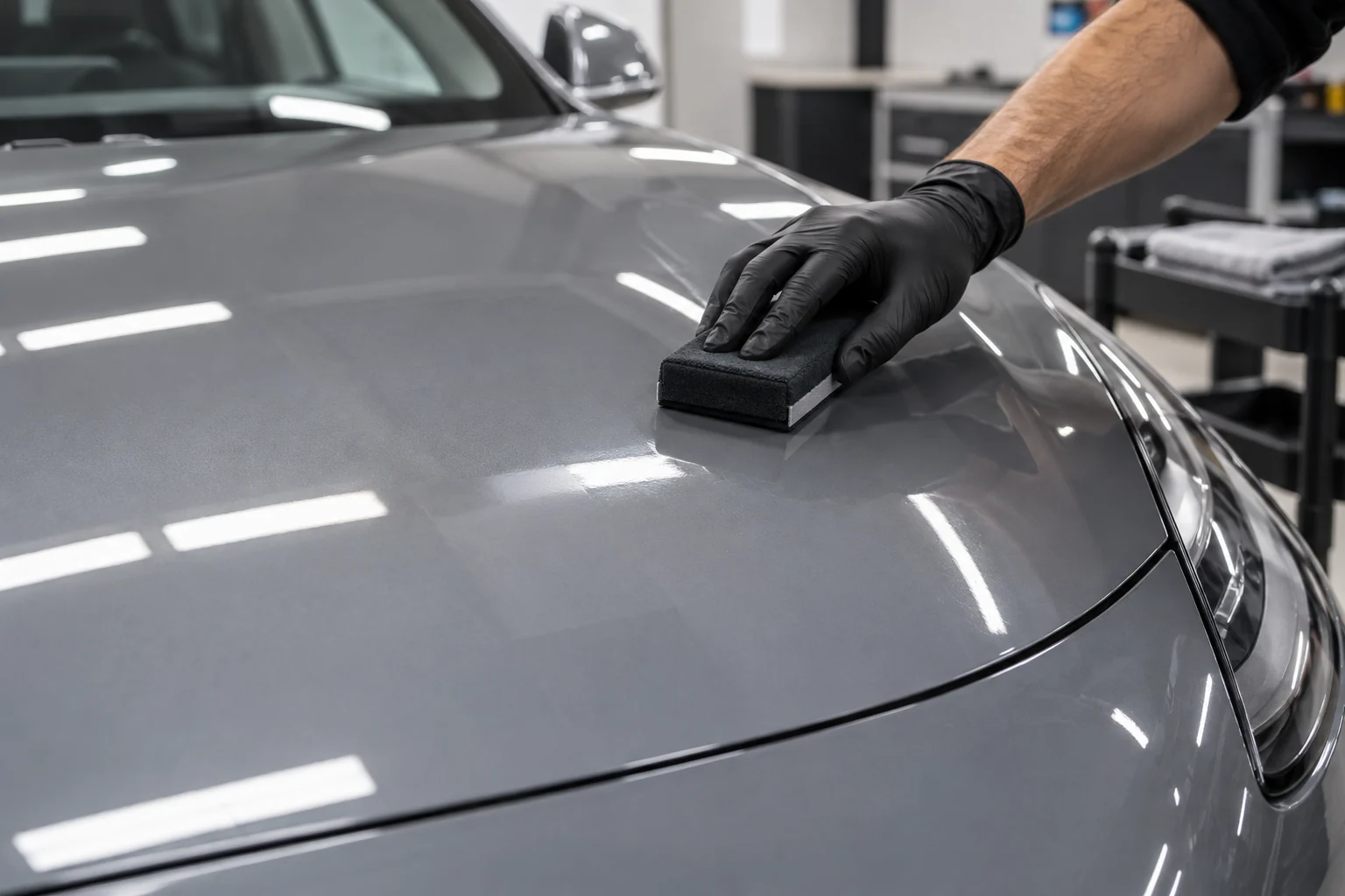 Gloved hand applying a transparent ceramic coating to a grey car bonnet