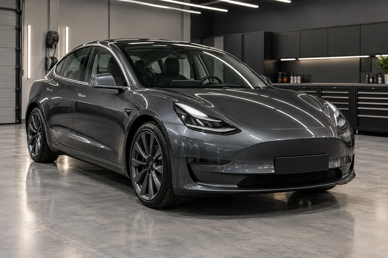 Grey Tesla Model 3 with clean paint reflections in a detailing bay