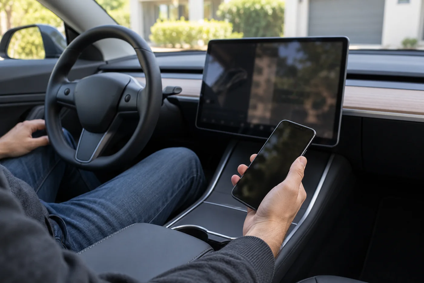 Phone held beside the touchscreen inside a parked Tesla