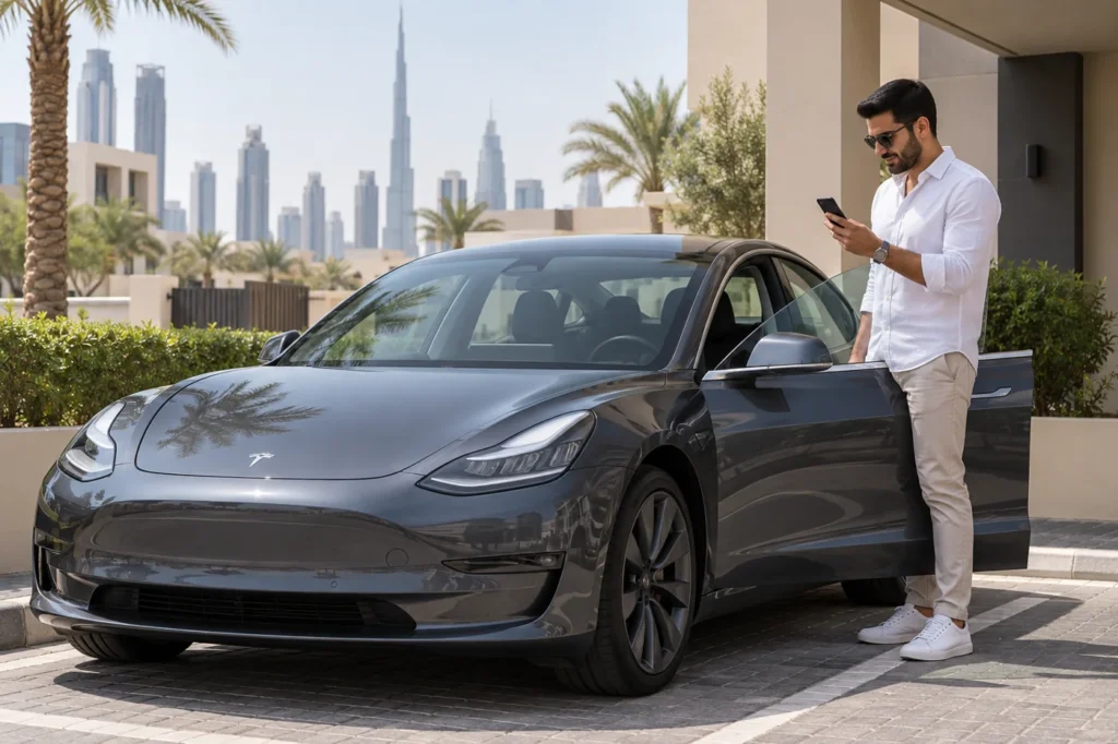 Owner using a phone beside a parked grey Tesla