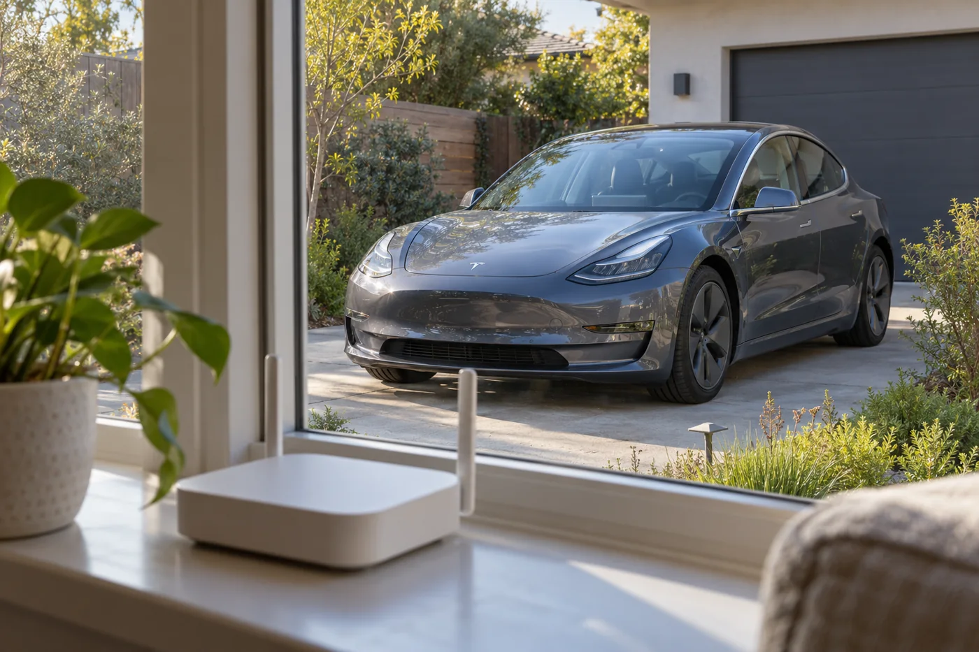 Home Wi-Fi router near a window overlooking a parked grey Tesla