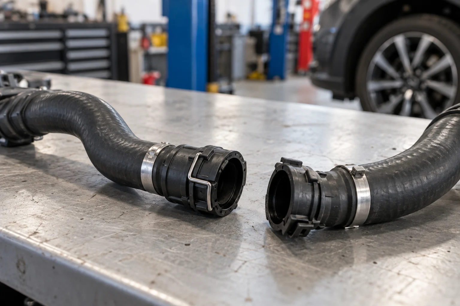 Moulded coolant hoses with quick-connect fittings on a workbench