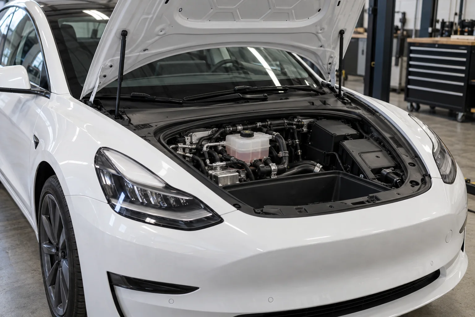 White electric sedan with its front cooling components accessible beneath the raised hood