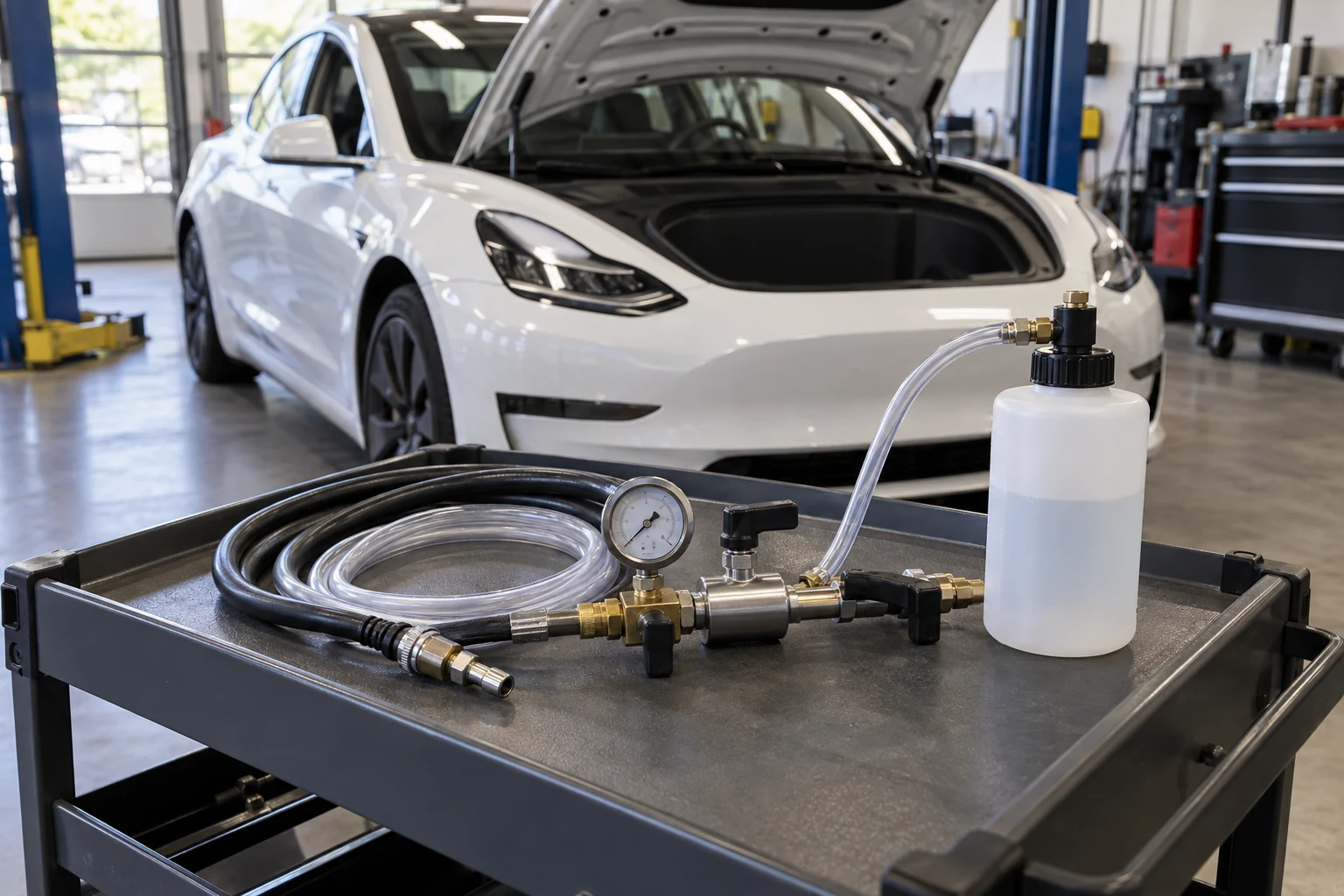Coolant refill equipment and hoses on a trolley beside an electric sedan
