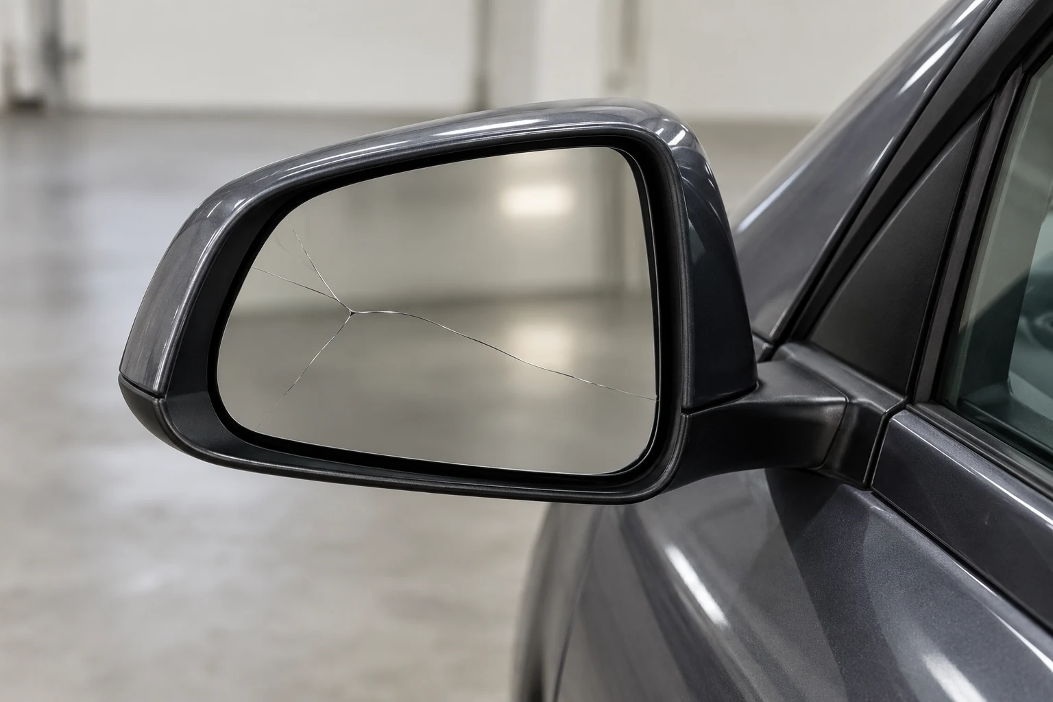 Crack across side mirror glass with the surrounding housing still in place