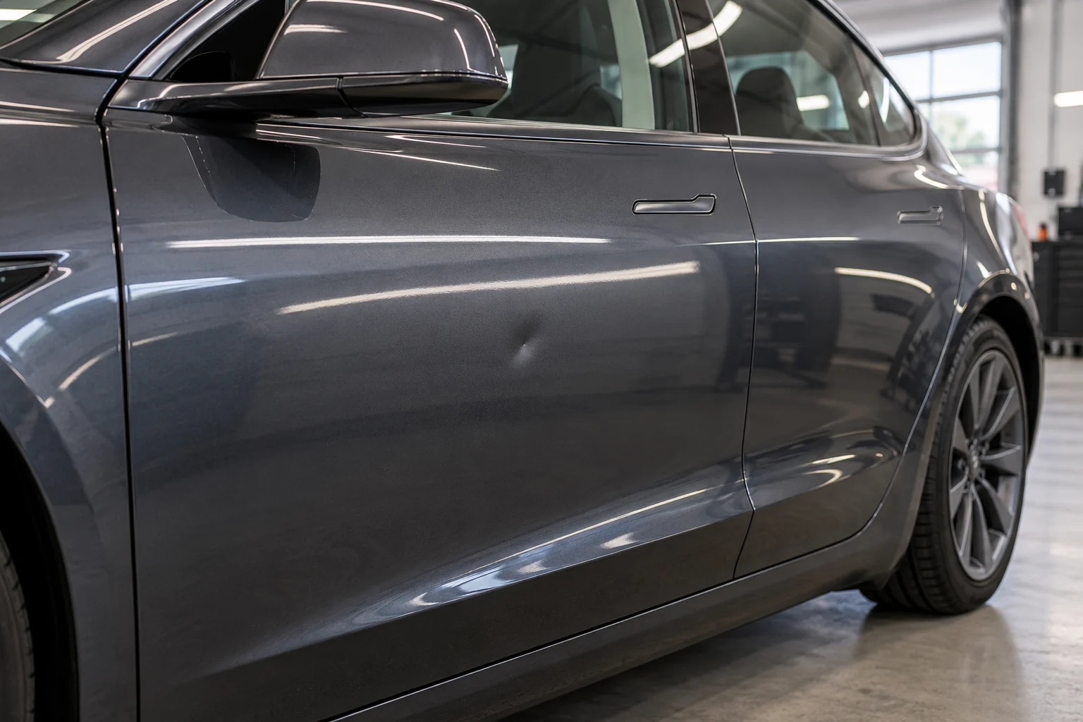 Small shallow dent below the handle on a metallic grey Tesla door