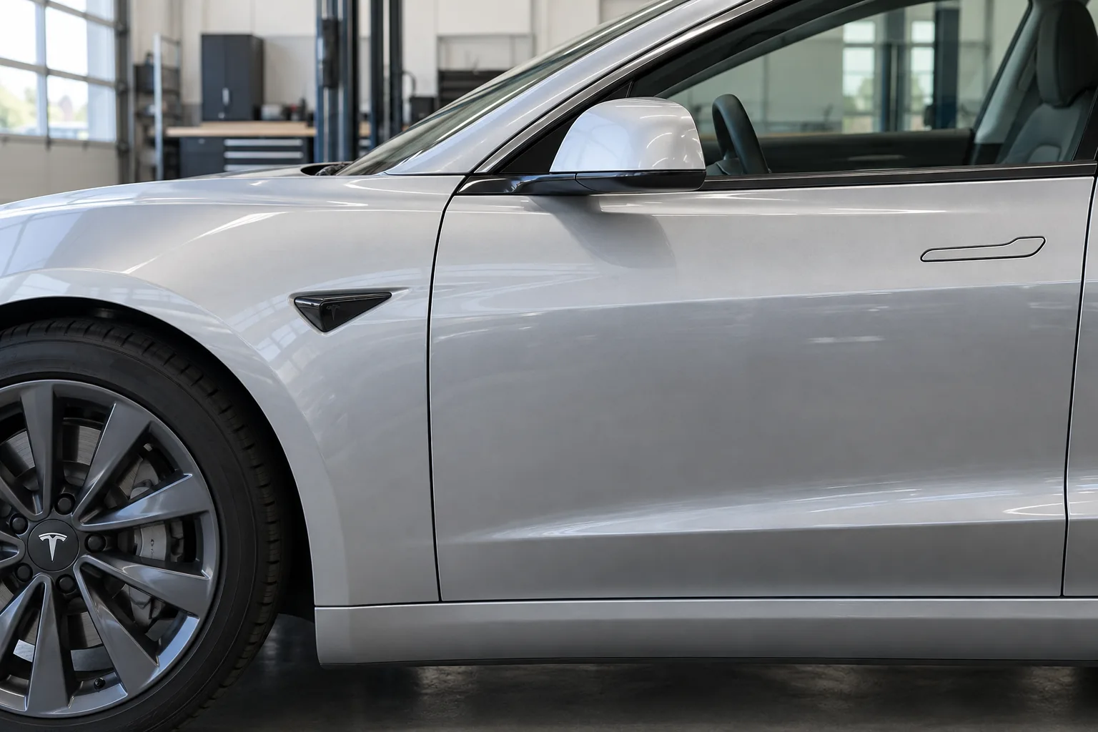 Closed front door and adjoining fender on a silver Tesla-style sedan