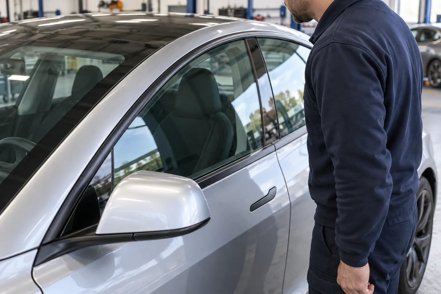 Technician visually inspecting stationary door glass alignment