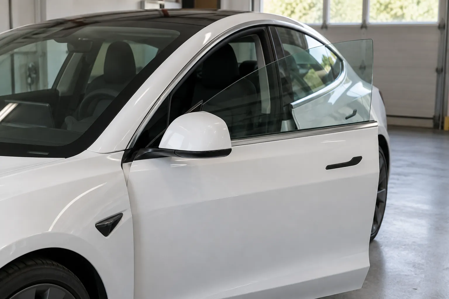 White Tesla-style sedan with its frameless front door ajar