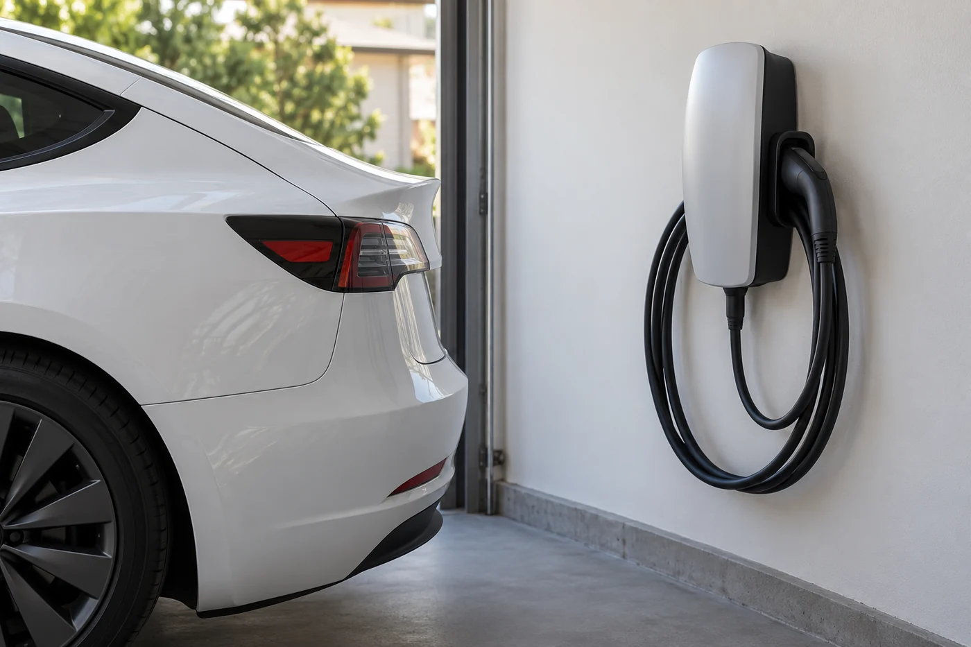 Wall-mounted EV charging equipment beside a parked Tesla