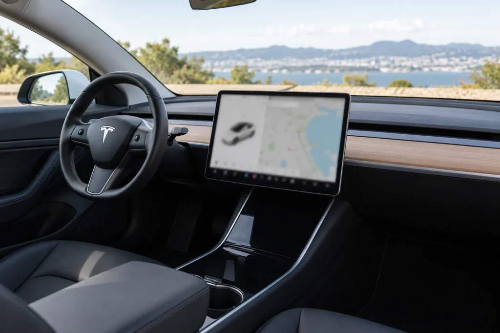 Tesla Model 3 dashboard with the central touchscreen visible