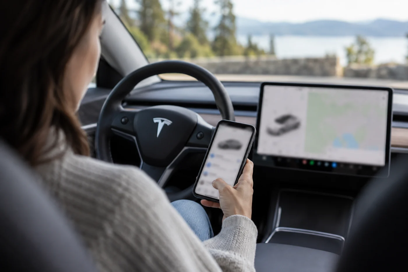 Owner checking a smartphone beside the central screen in a parked Tesla