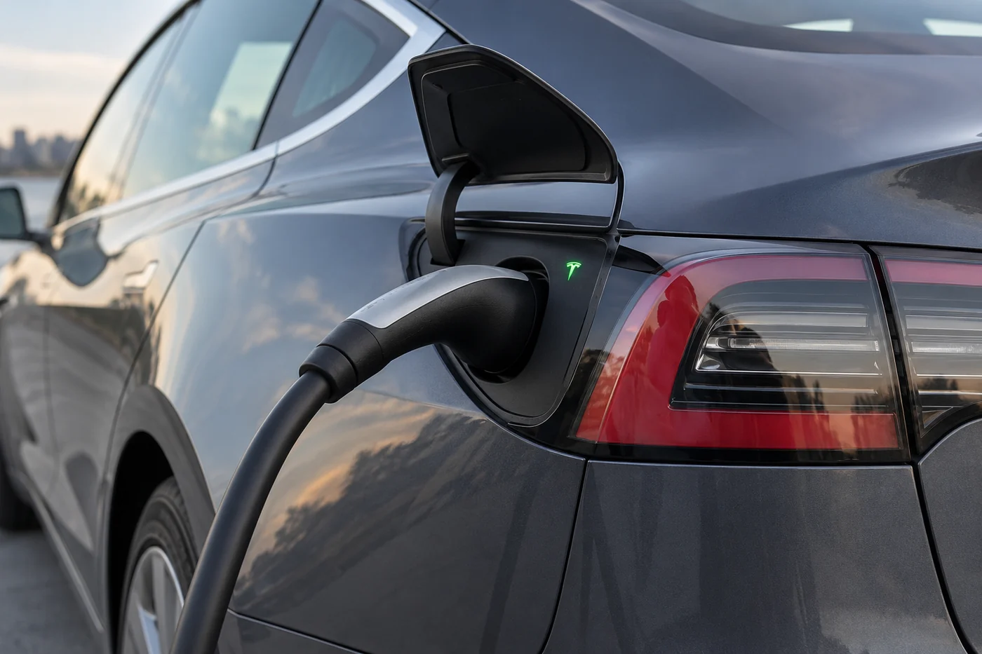 Charging connector seated in a Tesla charge port beside a green status light