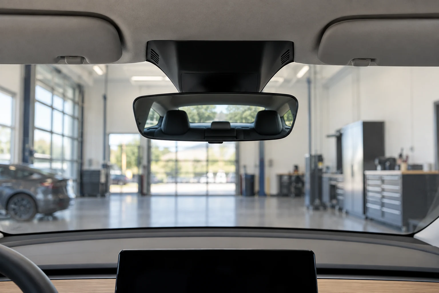 Interior rear-view mirror and upper windscreen trim in a Tesla