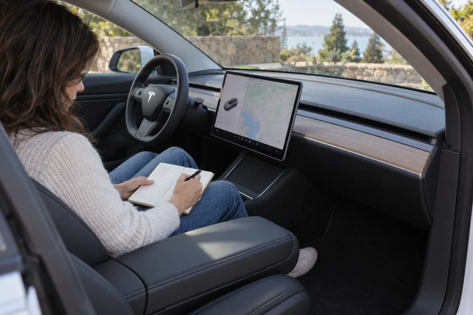 Owner writing notes in a notebook inside a parked Tesla Model 3