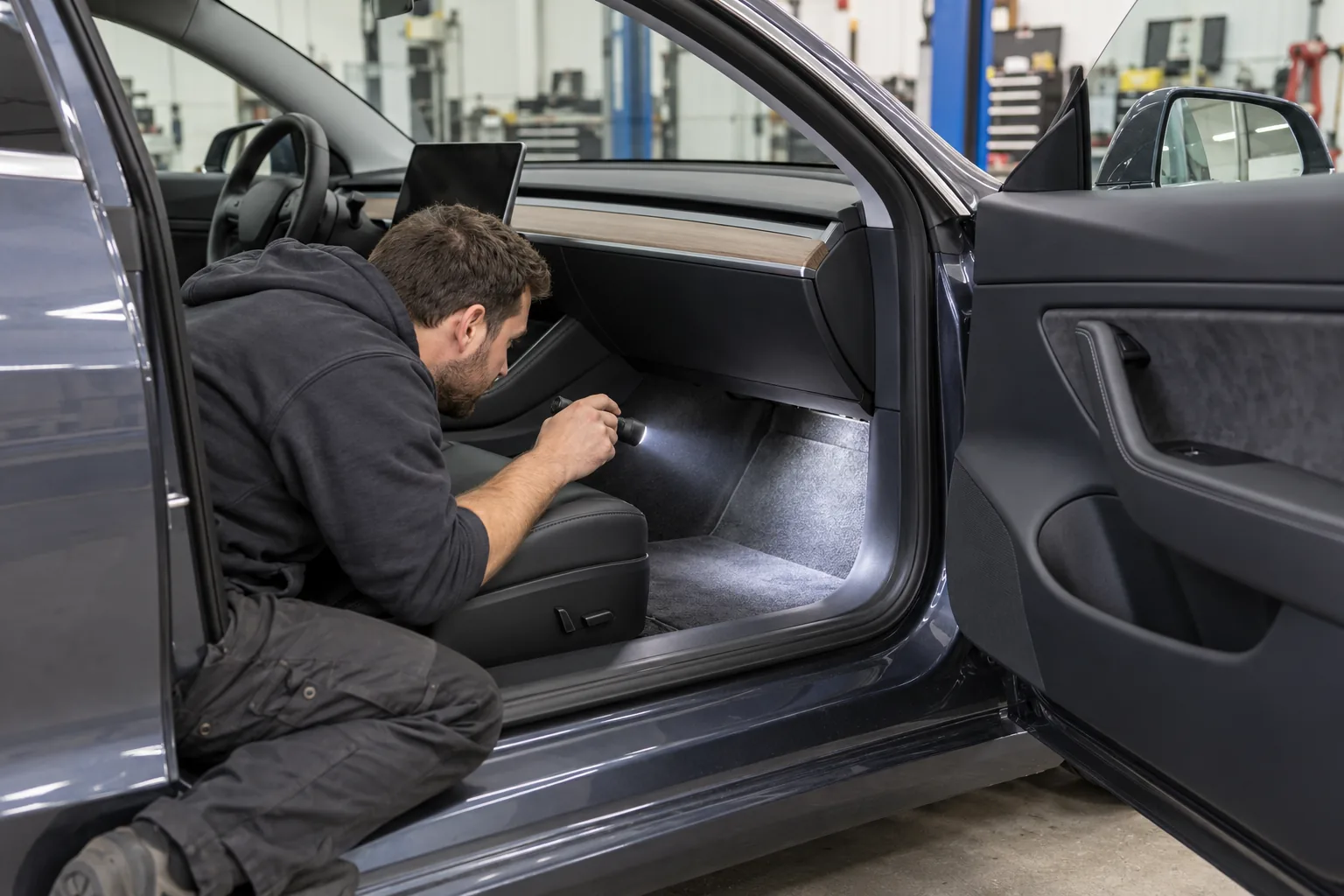 Technician inspecting a Tesla front passenger footwell with a torch