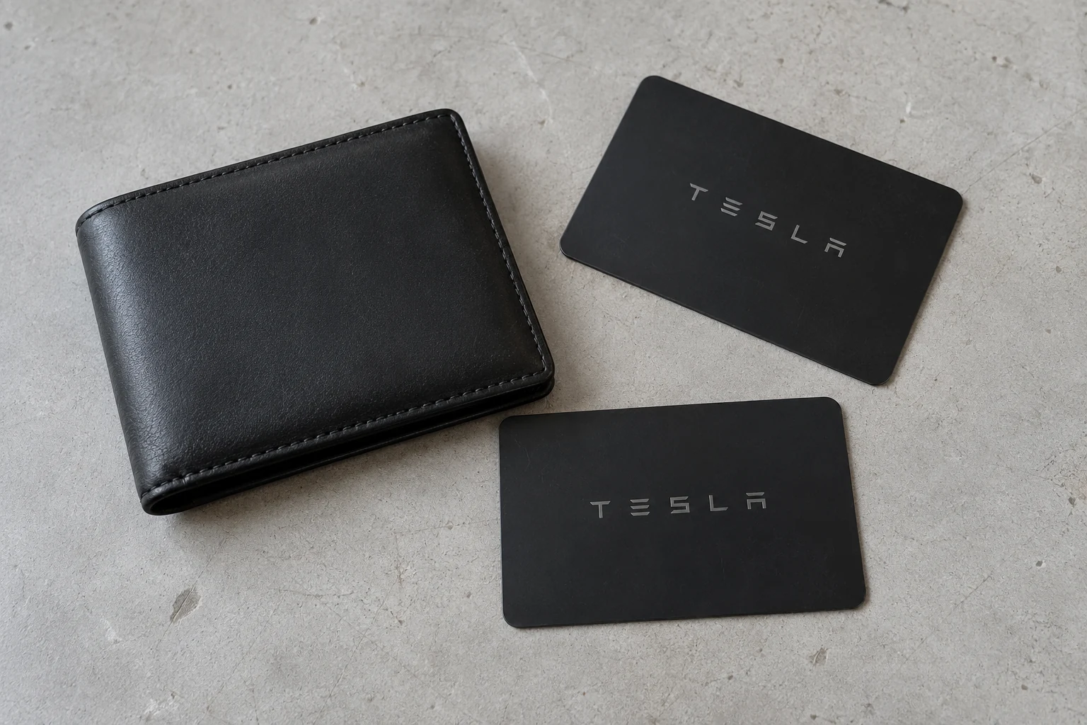 Two Tesla key cards beside a black wallet