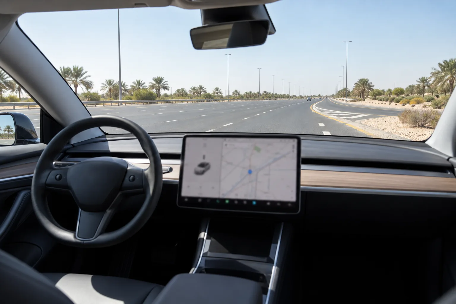 View from a Tesla cabin towards a road with visible lane markings