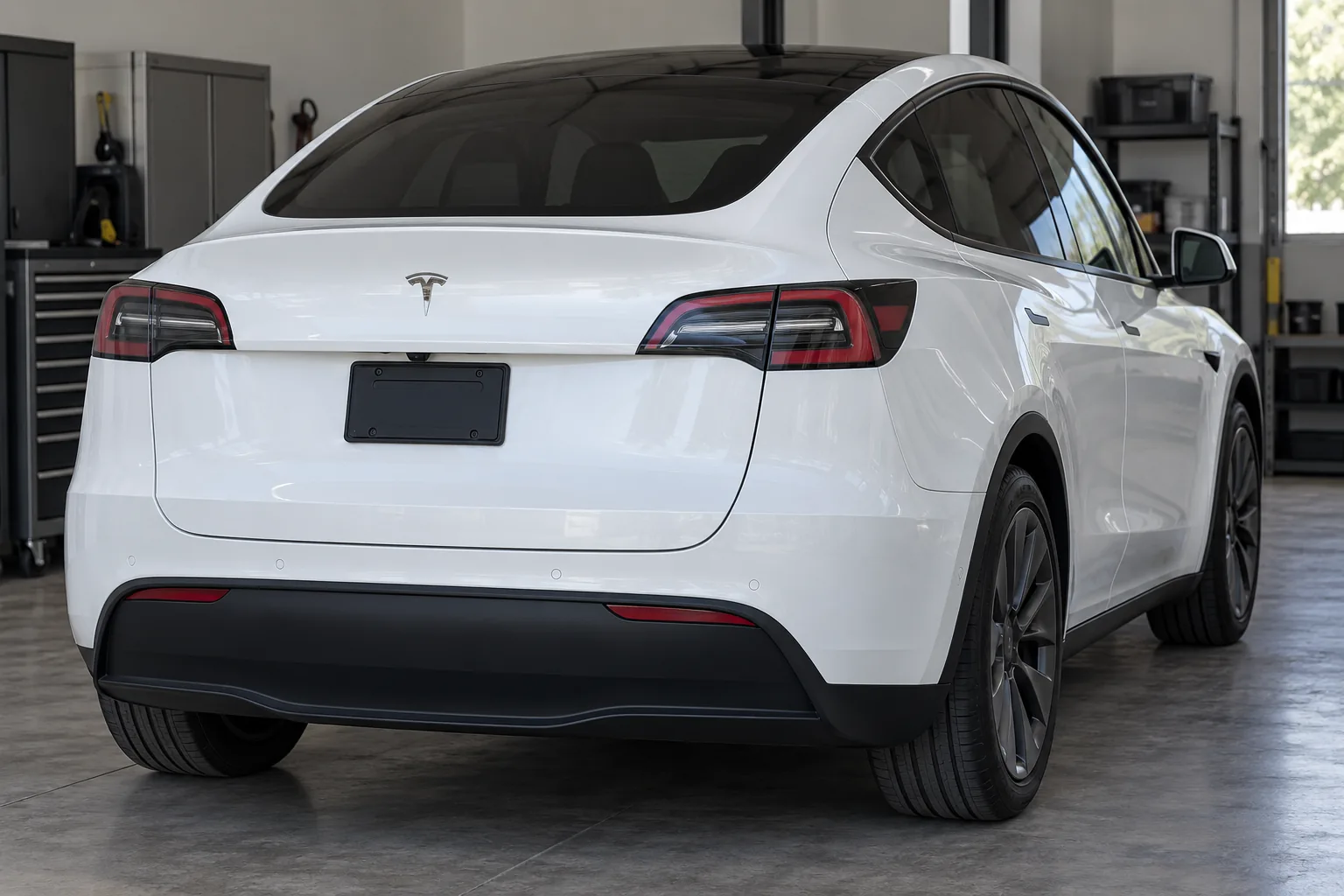 Rear liftgate and adjoining quarter-panel seams on a white Tesla-style crossover