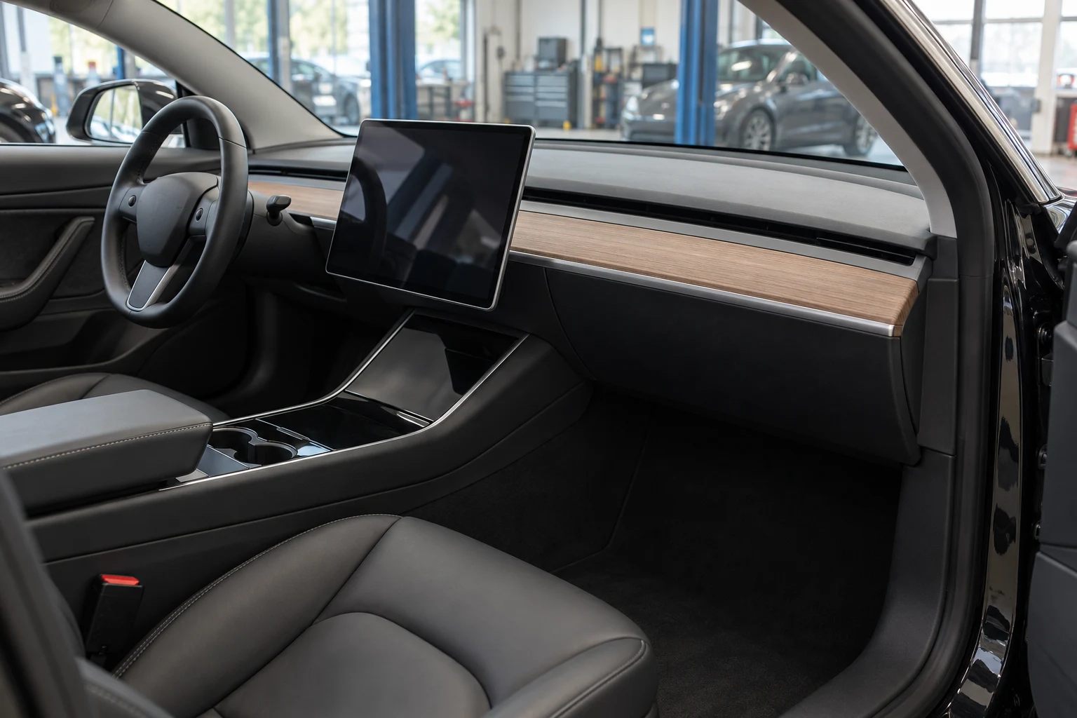 Tesla Model 3 dashboard and front cabin viewed through an open door