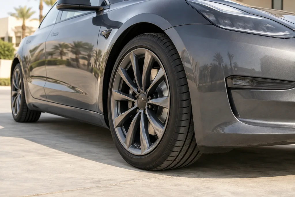 Front wheel and road tyre on a grey Tesla Model 3