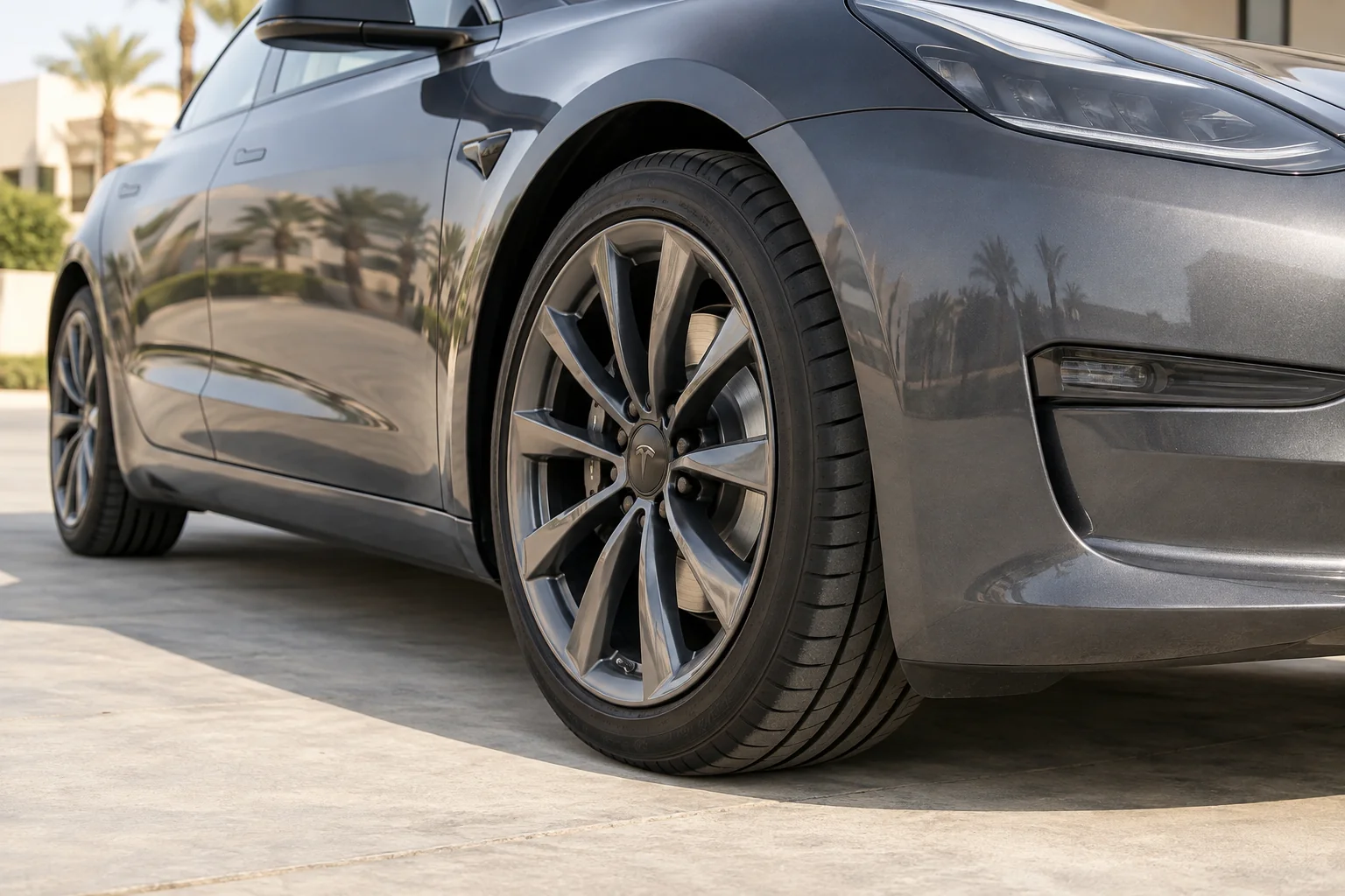 Front wheel and road tyre on a grey Tesla Model 3