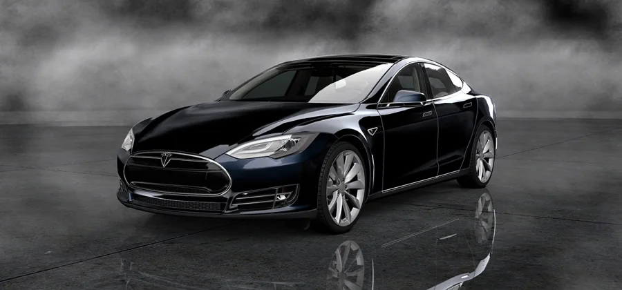 Black Tesla Model S viewed from the front and side