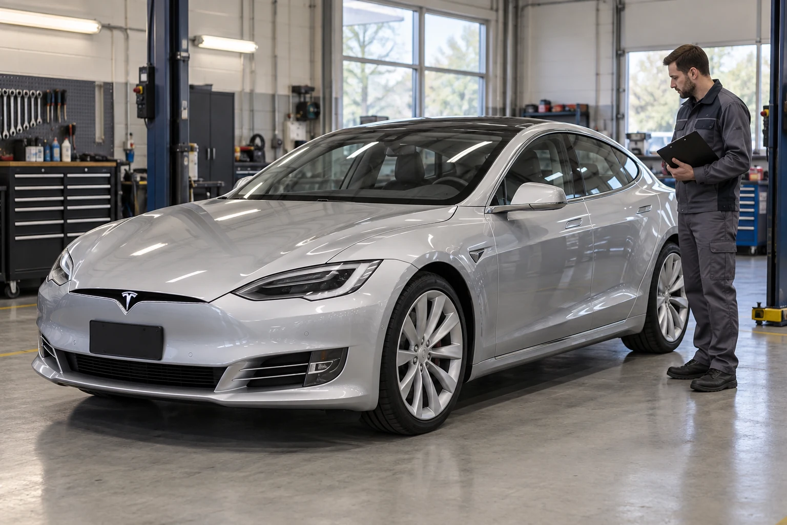 Silver Tesla Model S beside a technician in a workshop service bay