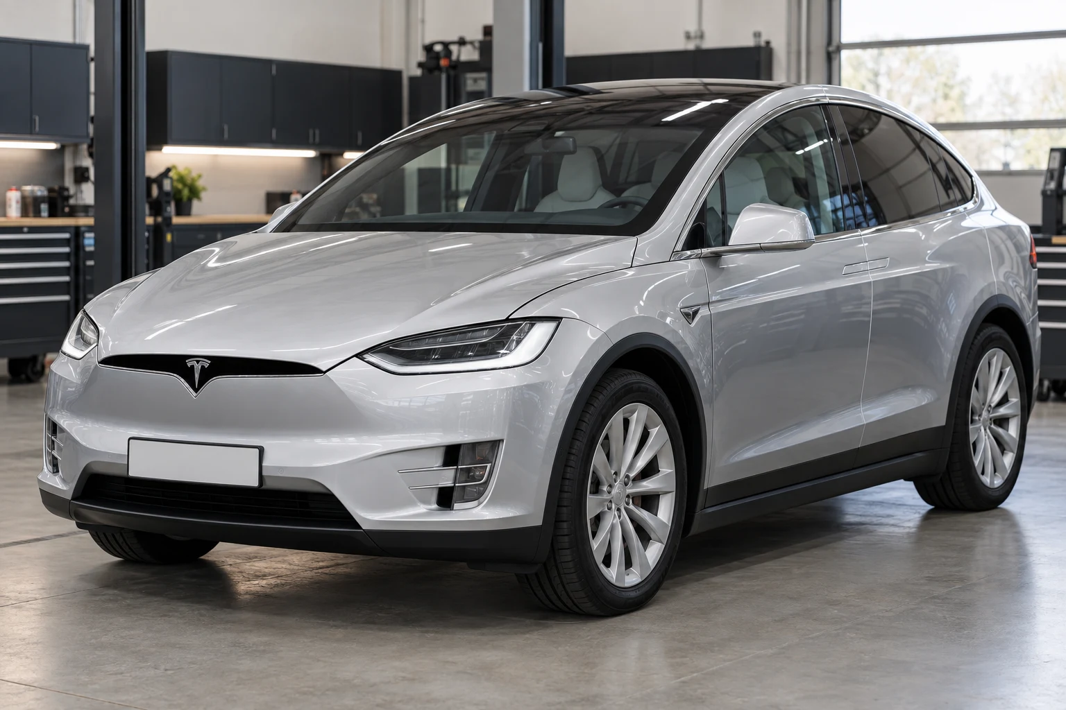 Silver Tesla Model X parked in a workshop