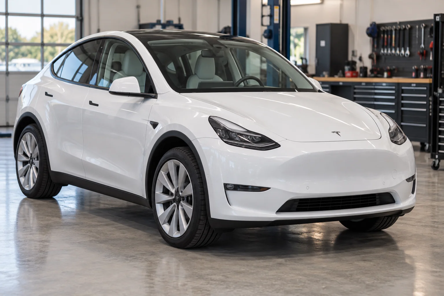 White Tesla Model Y parked in a workshop